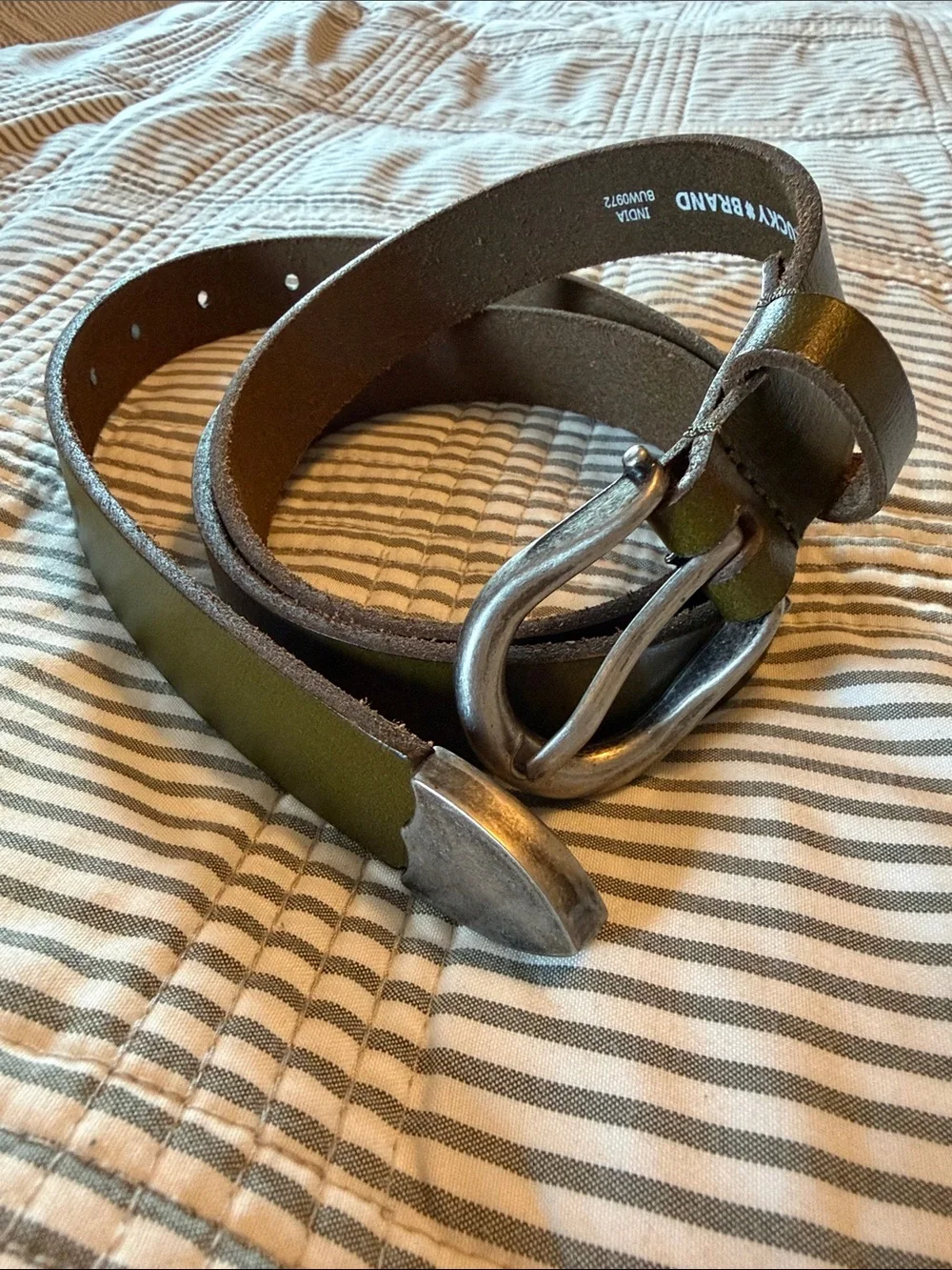 Lucky Brand Olive Green Leather Belt with Distressed Silver Buckle